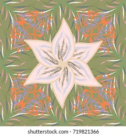 Seamless pattern with floral ornament. Flowers on neutral, green and pink colors. Vector illustration.