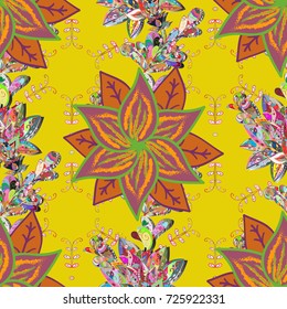 Seamless pattern with floral ornament. Flowers on yellow, pink and orange colors. Vector illustration.