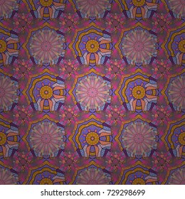 Seamless pattern with floral ornament. Flowers on pink, violet and yellow colors. Vector illustration.