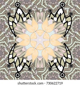 Seamless pattern with floral ornament. Flowers on neutral, beige and black colors. Vector illustration.