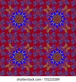 Seamless pattern with floral ornament. Flowers on red, blue and purple colors. Vector illustration.