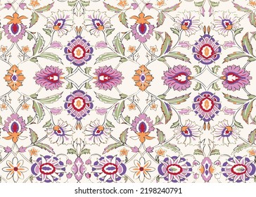 Seamless pattern with floral ornament imitating medieval ceramic tiles in Turkish style. Traditional Arabic ornament seamless. pink Floral Ornamental cream Background