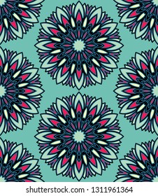 Seamless pattern floral ornament. Islamic textile print. Mandala vector design. Oriental background with boho pattern. Stained glass vitrage. Retro design.