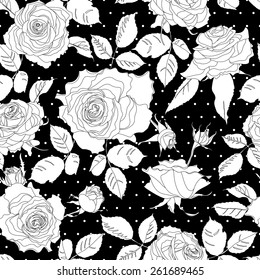 Seamless pattern with floral ornament. Monochrome background with roses. Vector illustration