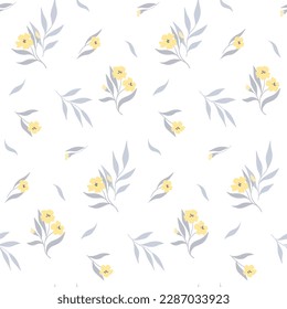 Seamless pattern, floral ornament for print with flowers branches on a white background. Delicate rustic botanical design: small flowers, leaves, branches on a light surface. Vector illustration.