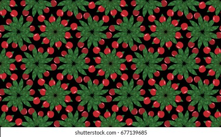 Seamless pattern - floral ornament, red cherry on black