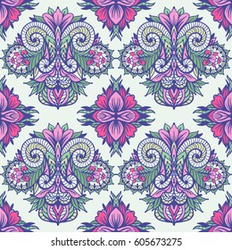Seamless pattern with floral  ornament  in retro style.  Hand-drawn illustration. Hand-drawn illustration. Vector.
