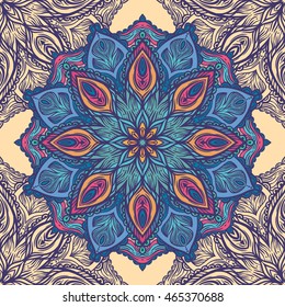 Seamless pattern with floral ornament. Round kaleidoscope