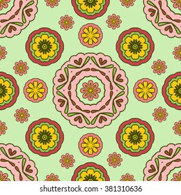 Seamless pattern with floral ornament. Sunny warm drawing in light green colors