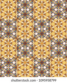 Seamless pattern floral ornament. Tiled textile print. Islamic vector design. Oriental background with abstract flowers. Hexagonal patchwork swatch. Stained glass vitrage.
