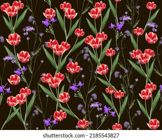 Seamless pattern floral ornament of wild flowers and tulips. Pattern for fabric. Vector illustration. Abstraction.