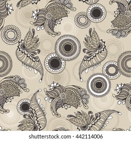Seamless pattern with floral ornaments. Floral background with indian elements. Seamless pattern for your design, pattern fills, web page backgrounds, surface textures, print on clothes or else.