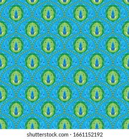 Seamless pattern with floral ornaments in blue and green tones. The Damascus pattern.