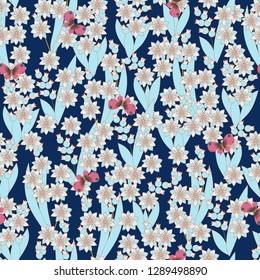 Seamless pattern with floral ornaments in blue-pink colors. Delicate floral print for textiles. Vector illustration.