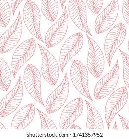 Seamless pattern with floral ornaments. Delicate decorative background, pink leaves on a white background. Wallpaper, textile printing, wrapping paper, page filling.