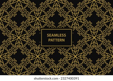 seamless pattern with floral ornaments in gold color on a black background, vector seamles pattern