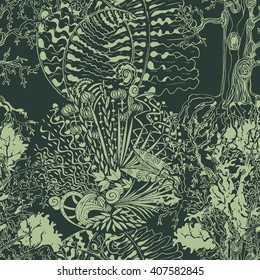 Seamless pattern with floral ornaments, shades of green