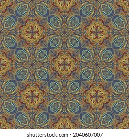 Seamless pattern with floral patterns. Yellow and gold shades on a blue background.