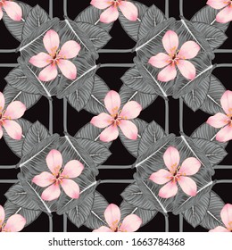 Diseño floral sin fisuras con flores rosas y hojas de adorno en fondo aislado.Dibujo vectorial estilo de dibujo a mano acuarela.Para el diseño de texturas de tela