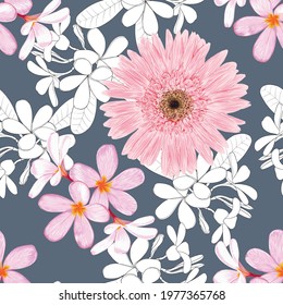 Seamless pattern floral with pink Gerbera and Frangipani flowers abstract background.Vector illustration hand drawn line art.for fabric pattern print design
