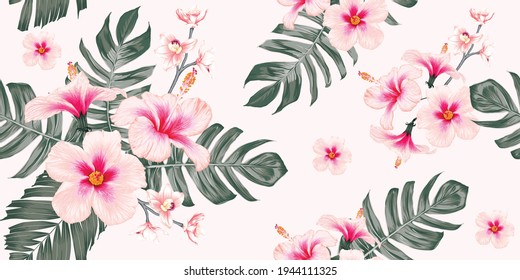 Seamless pattern floral with pink  Hibiscus and Orchid flowers on isolated pastel color background.Vector illustration hand drawn.For fabric fashion print design or product packaging.