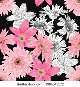 Seamless pattern floral with pink Lily and Gerbera flowers abstract background.Vector illustration hand drawn.fabric textile pattern print design