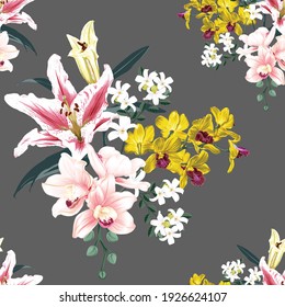 Seamless pattern floral with pink Orchid and lily flowers abstract background.Vector illustration watercolor hand drawning.