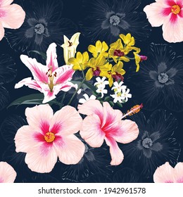 Seamless pattern floral with pink Orchid and lily flowers abstract background.Vector illustration watercolor hand drawning.