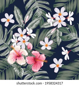 Seamless pattern floral with pink pastel Hibiscus and frangipani flowers abstract background.Vector illustration hand drawn.For fabric fashion print design or product packaging.