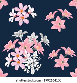 Seamless pattern floral with pink pastel Frangipani and lily flowers abstract background.Vector illustration hand drawn line art.for fabric textile print design