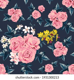 Seamless pattern floral with pink rose and Orchid flowers abstract background.Vector illustration watercolor hand drawning.