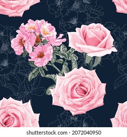 Nahtlose Muster Blüte mit rosafarbenen Rosenblumen abstrakter Hintergrund.Vektorgrafik Aquarellfarben handgezeichnet.Für Stoffmuster-Design.