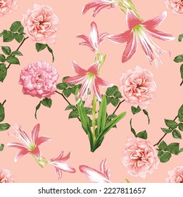 Seamless pattern floral with pink rose and lily flowers abstract background.Vector illustration watercolor hand drawning.For fabric pattern print design.