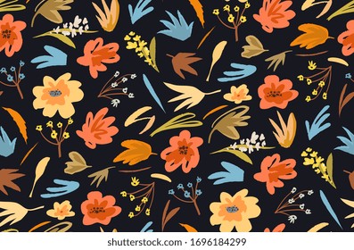 Seamless pattern floral and plants abstract hand drawn background in vintage style for textile or vintage saturated prints. Hand drawn doodle abstract vector design.