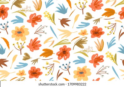 Seamless pattern floral and plants abstract hand drawn background in vintage style for textile or vintage saturated prints. Hand drawn doodle abstract vector design.