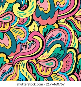 Seamless pattern with floral and plants element in psychedelic funky style in pastel colors