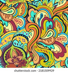 Seamless pattern with floral and plants element in psychedelic funky style in pastel colors