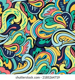 Seamless pattern with floral and plants element in psychedelic funky style in pastel colors