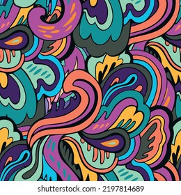 Seamless pattern with floral and plants element in psychedelic funky style in pastel colors