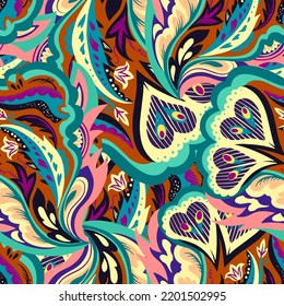 Seamless pattern with floral and plants element in psychedelic funky style in pastel colors