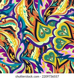 Seamless pattern with floral and plants element in psychedelic funky style in pastel colors