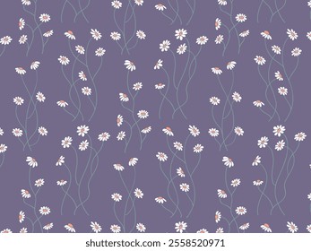 Seamless pattern of floral plants, flowers, daisies, chamomile, daisy. Decorative elements for decoration. Hand drawing doodles of vector botanical elements in flat style