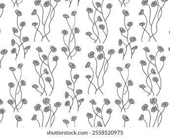 Seamless pattern of floral plants, flowers, daisies, chamomile, daisy on a transparent background. Decorative elements for decoration. Hand drawing doodles of vector botanical elements in line style