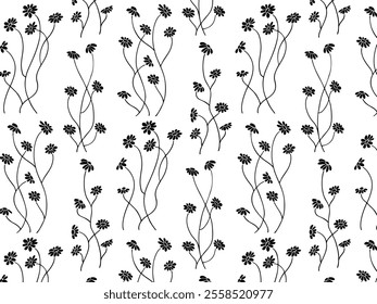 Seamless pattern of floral plants, flowers, daisies, chamomile, daisy on a transparent background. Decorative elements for decoration. Hand drawing doodles of vector botanical elements