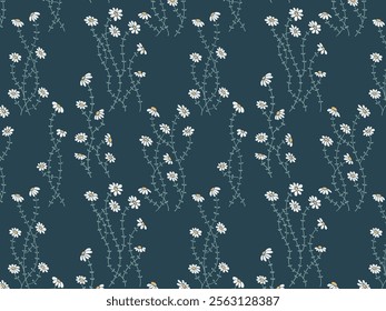 Seamless pattern of floral plants, flowers, daisies, chamomile, daisy. Decorative elements for decoration. Hand drawing doodles of vector botanical elements in flat style
