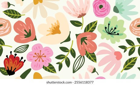  Seamless pattern with floral and plants , vector decorative, flowers seamless pattern wallpaper background for your design , wrapping paper