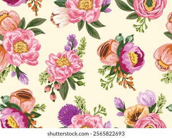 Seamless pattern with floral and plants , vector decorative background, flowers seamless pattern wallpaper background for your design , wrapping paper