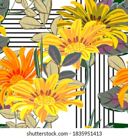 Patrón sin brillo con impresión floral. Flores amarillas y naranjas en un fondo rayado. Diseño para telas, cubiertas, tapices, embalajes.