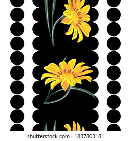 Patrón sin brillo con impresión floral. Flores amarillas y naranjas en un fondo geométrico blanco y negro. Diseño para telas, cubiertas, tapices, embalajes.