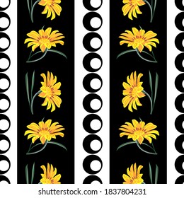 Patrón sin brillo con impresión floral. Flores amarillas y naranjas en un fondo geométrico blanco y negro. Diseño para telas, cubiertas, tapices, embalajes.
